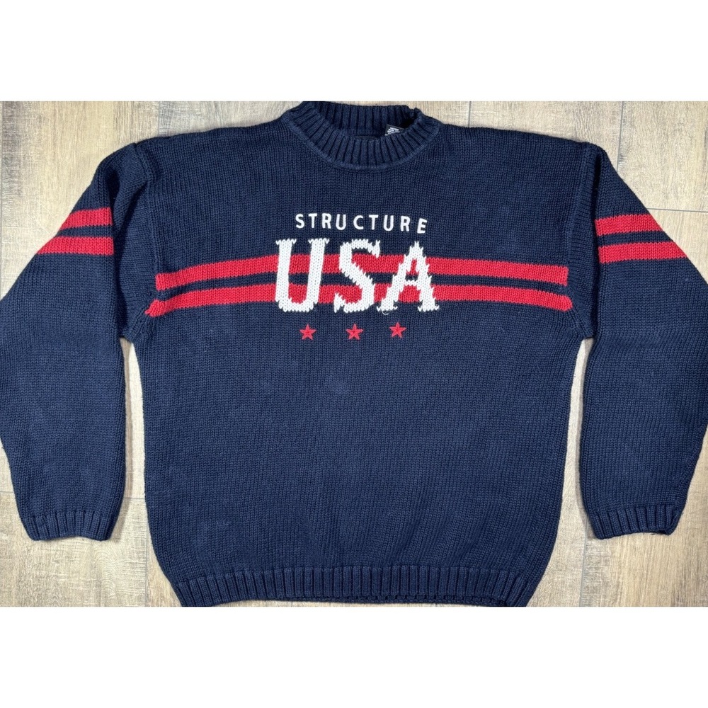 Vintage 90s Structure Stars Striped USA Spellout Knit Sweater Men's Large VTG
